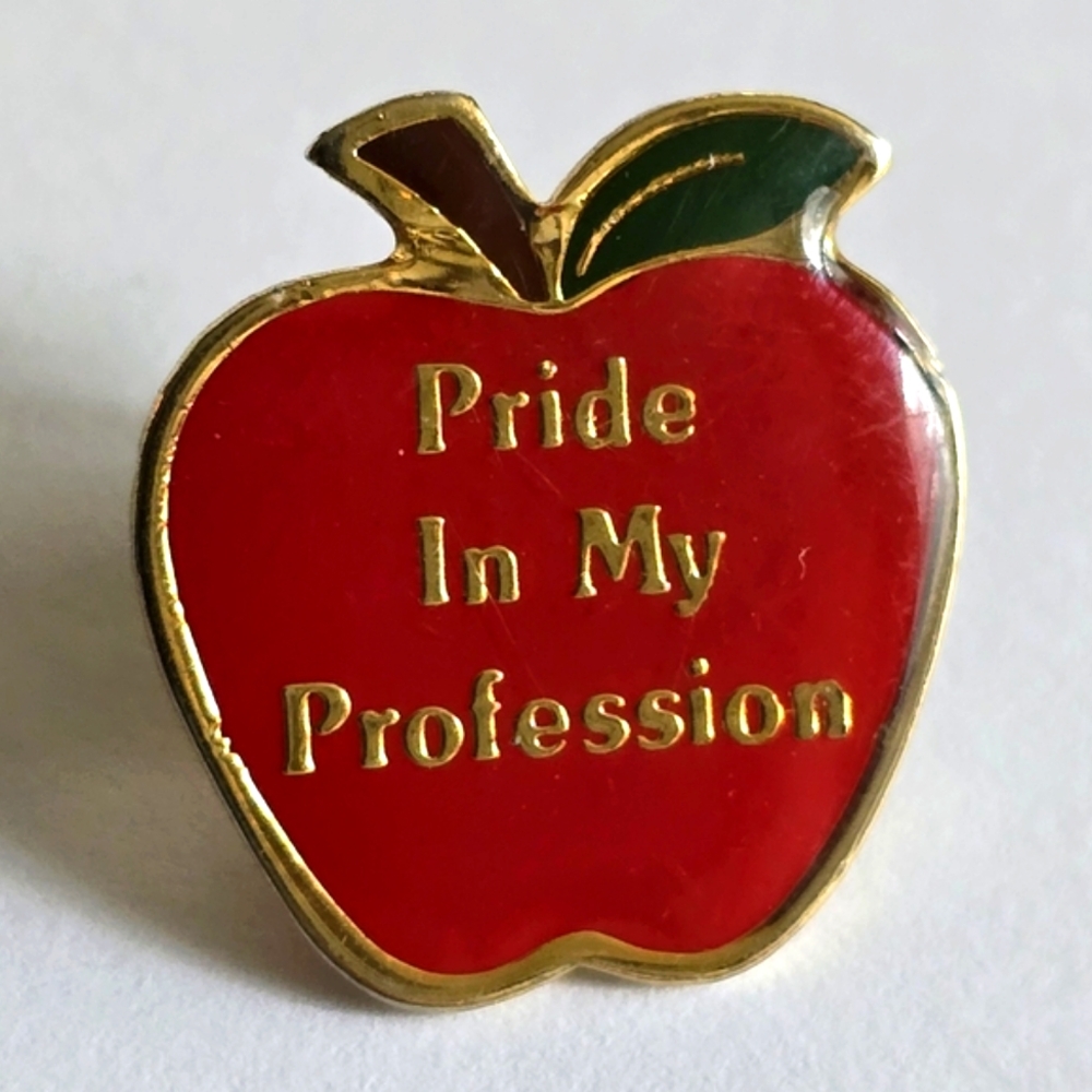 Vintage teacher apple pin enamel lapel Pride in my Profession red gold tone